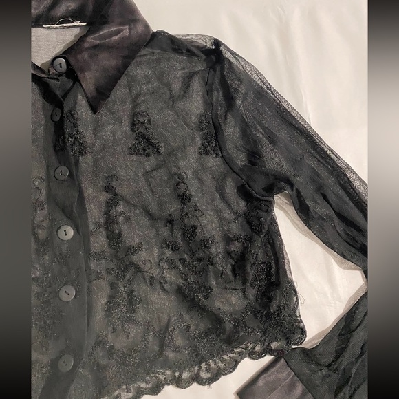 See-Thru Long Sleeve Floral Embroidered Cropped Button Down Shirt - Picture 6 of 11